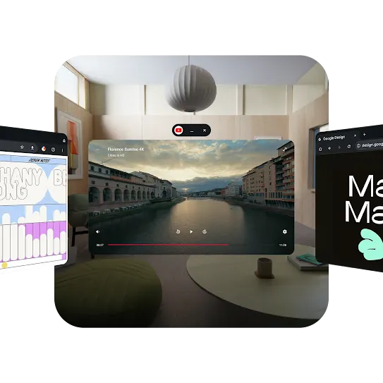 A carousel of different media windows appear in front of a living room. The middle window is a YouTube video of Florence, Italy.